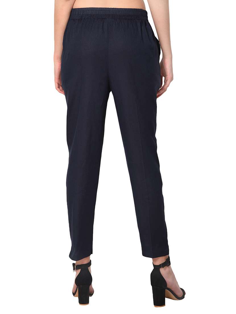 navy blue solid cotton flat front trouser - 15254143 -  Standard Image - 2