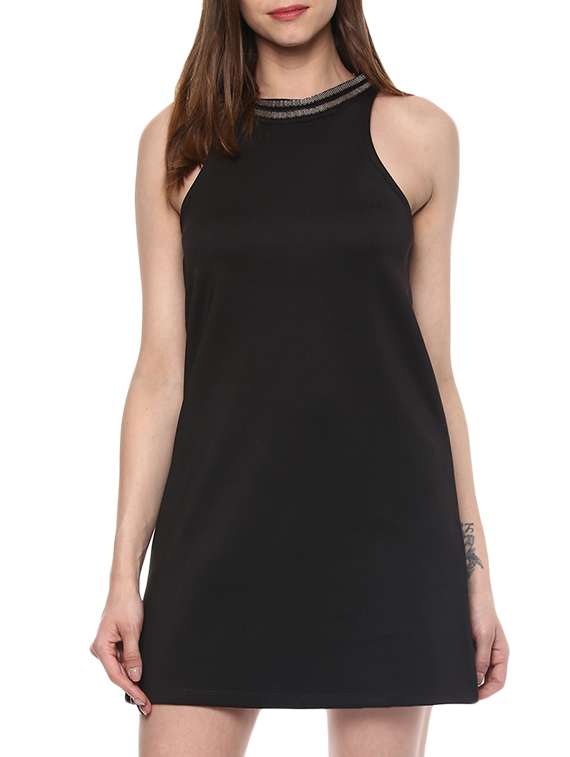black solid cotton a-line dress