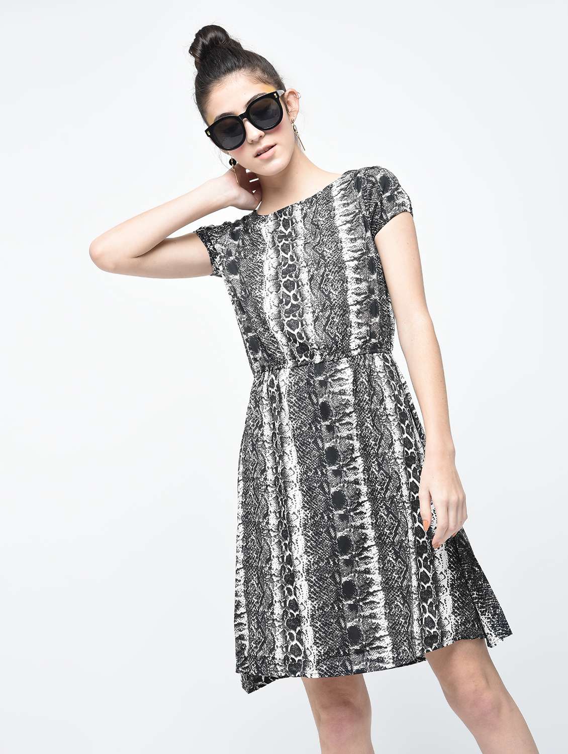 Black Georgette Snake Print Blouson Dress