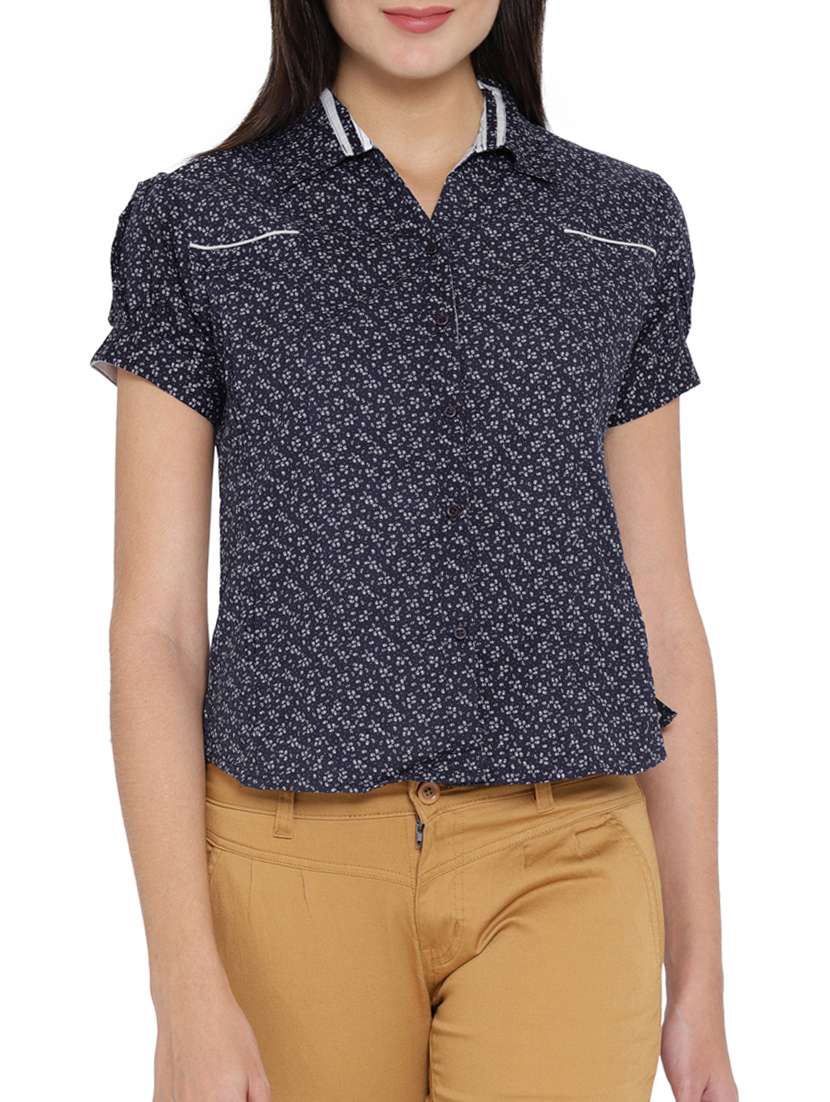 navy blue cotton printed shirt