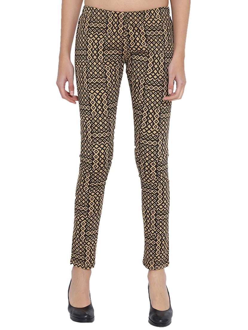 beige printed cotton jeggings