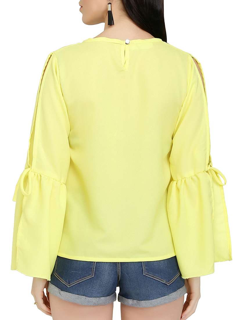 yellow solid slit sleeved top - 15263091 - Standard Image - 2