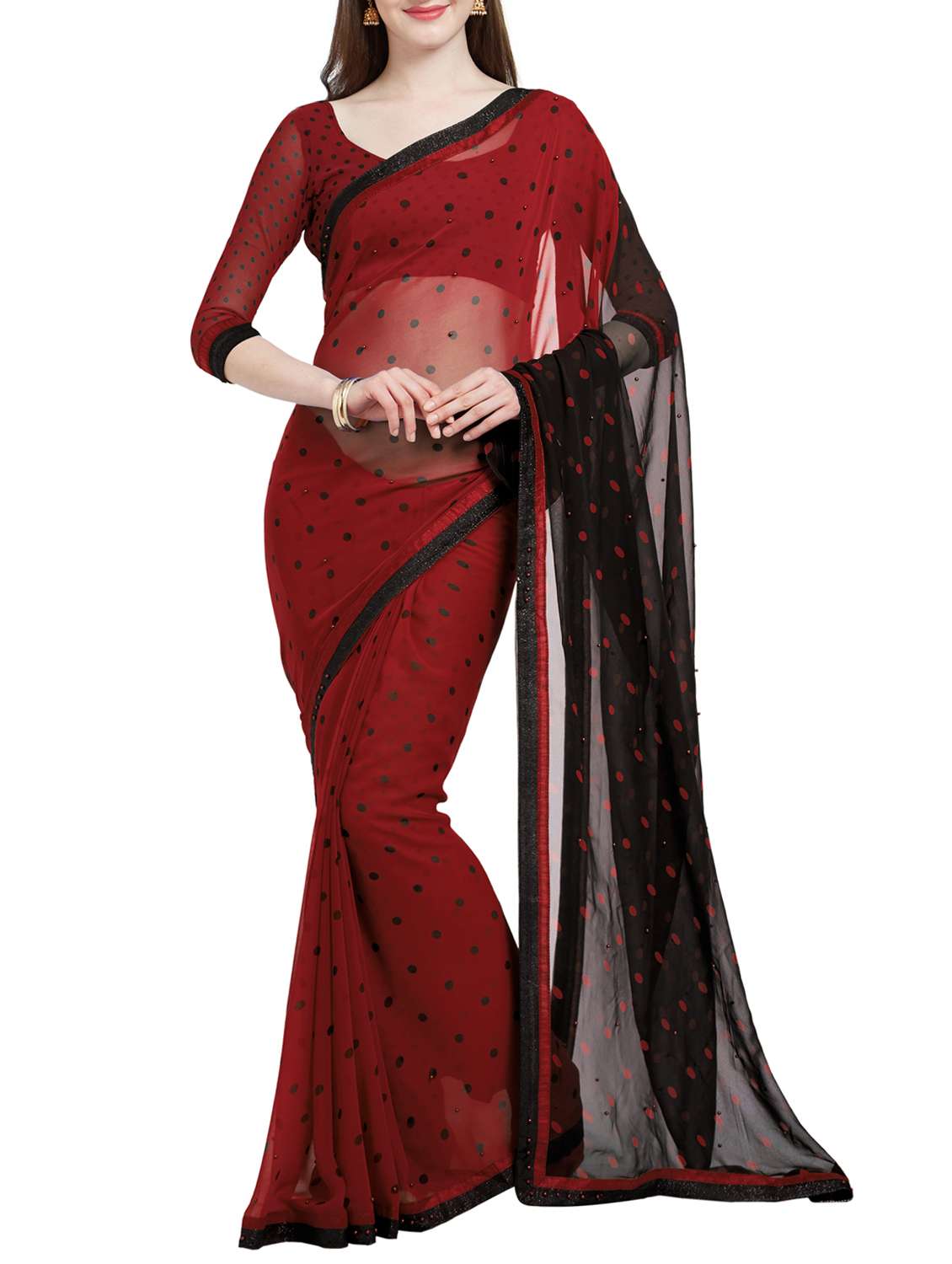 maroon georgette printed saree with blouse