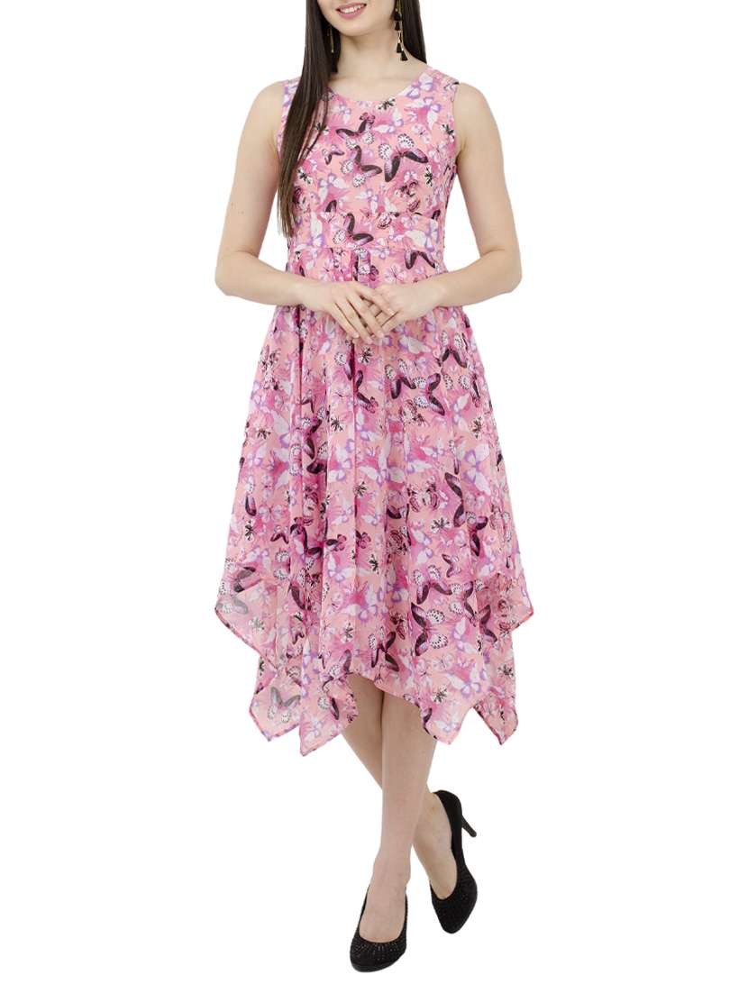 round neck floral asymmetric dress