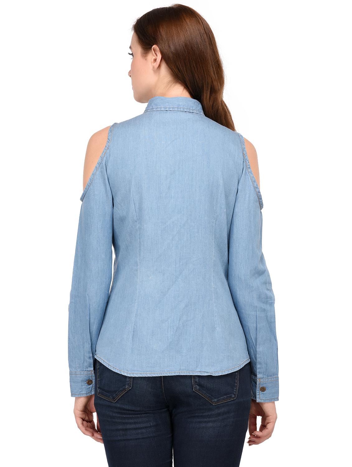 light blue solid denim cold shoulder shirt - 15280816 - Standard Image - 2