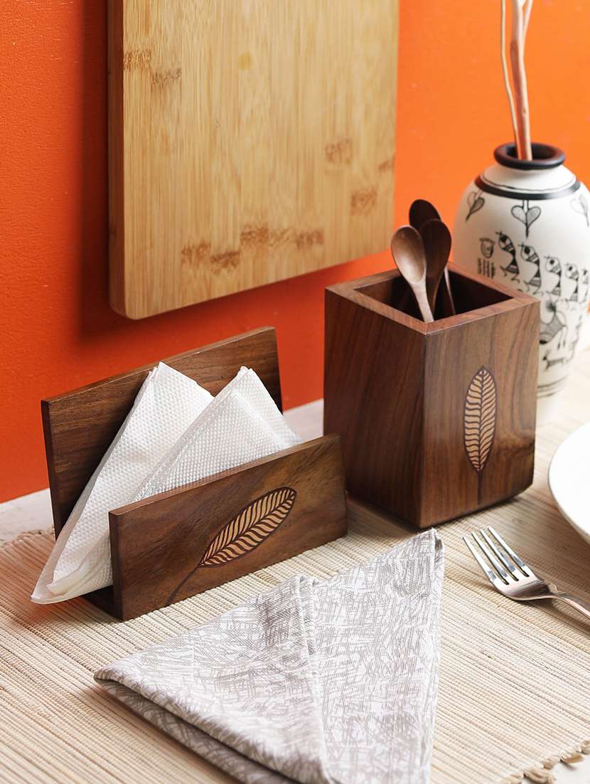 elliptic leaf wooden tissue holder with cutlery holder set