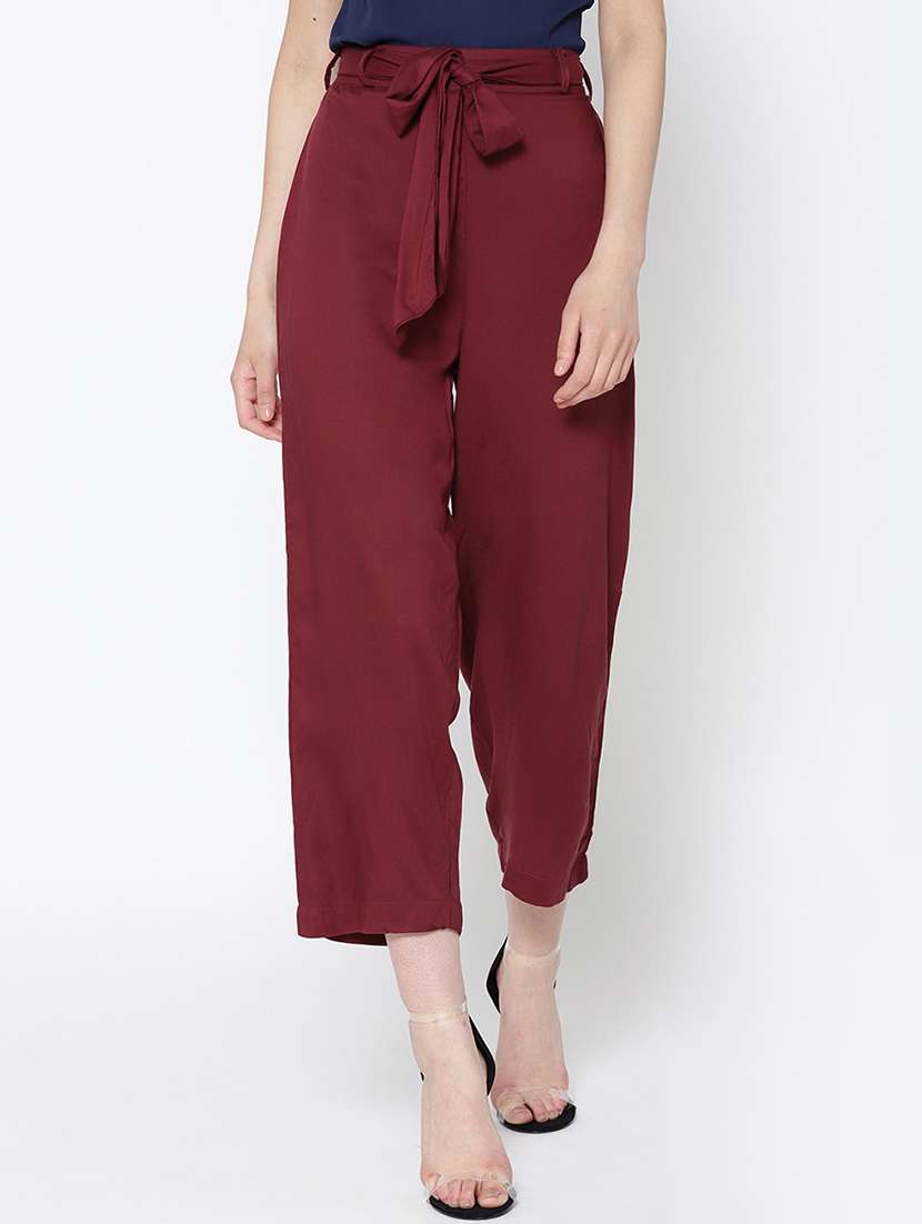 maroon rayon wide leg trouser