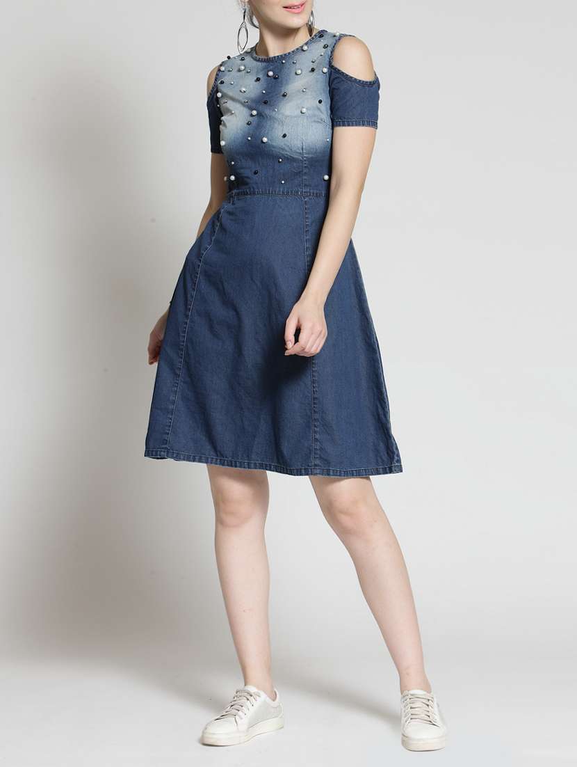 cold shoulder embellished denim dress