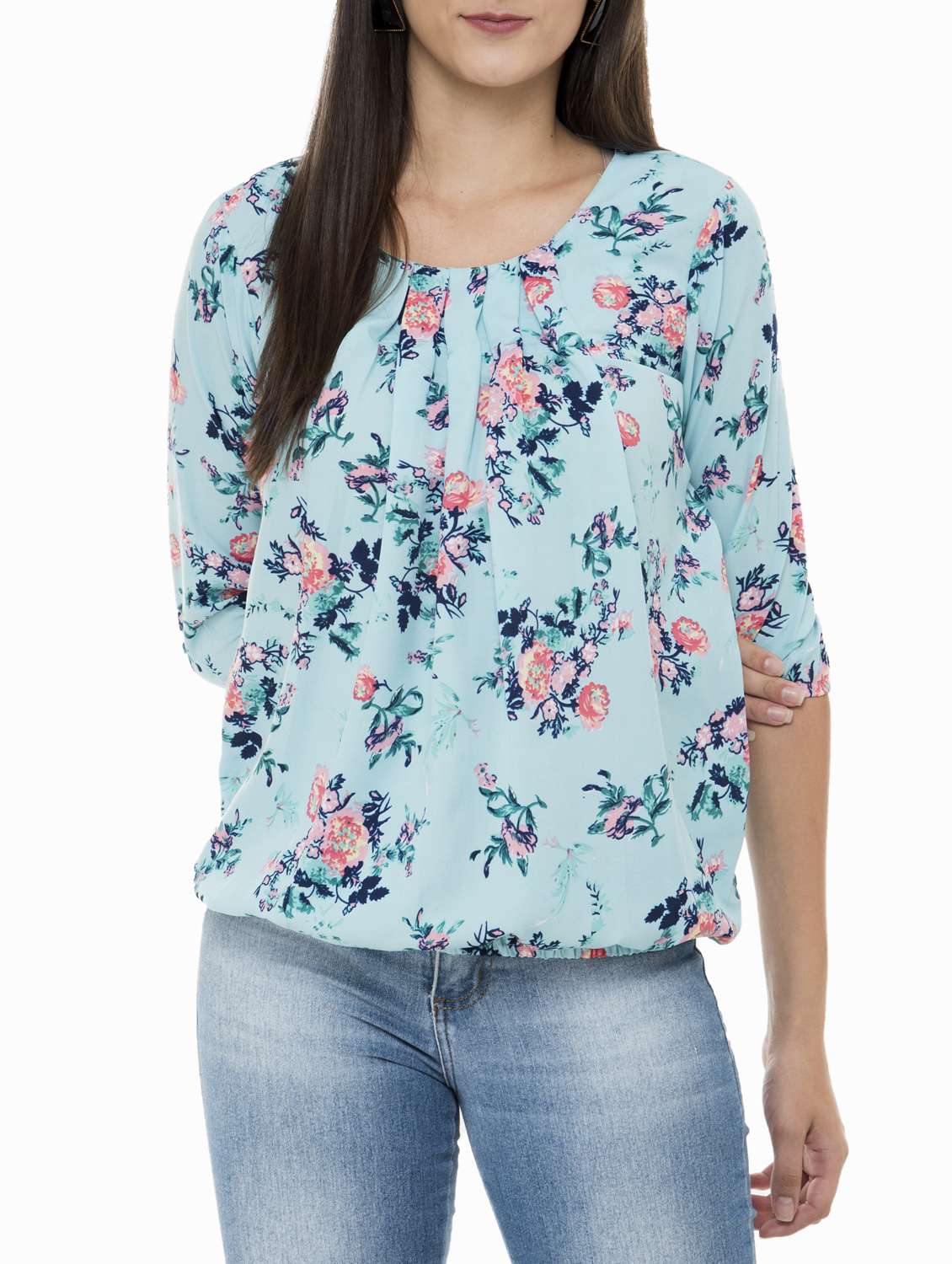 pleated front floral blouson top