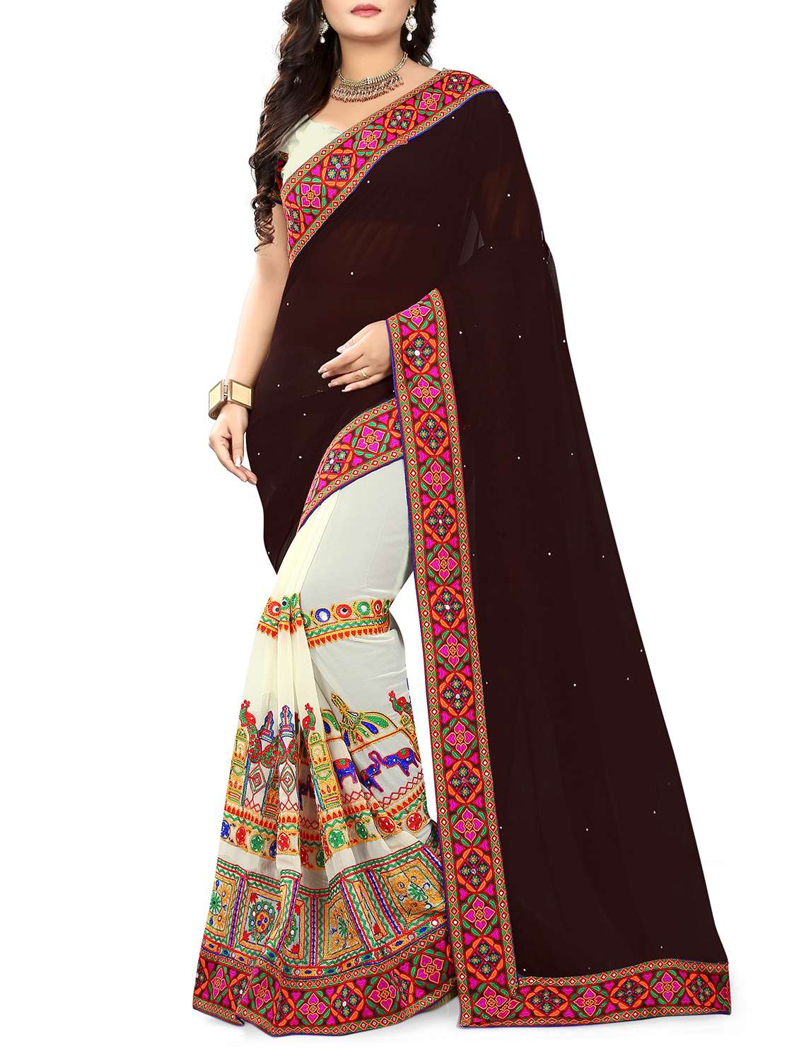 embroidered half and half saree with blouse