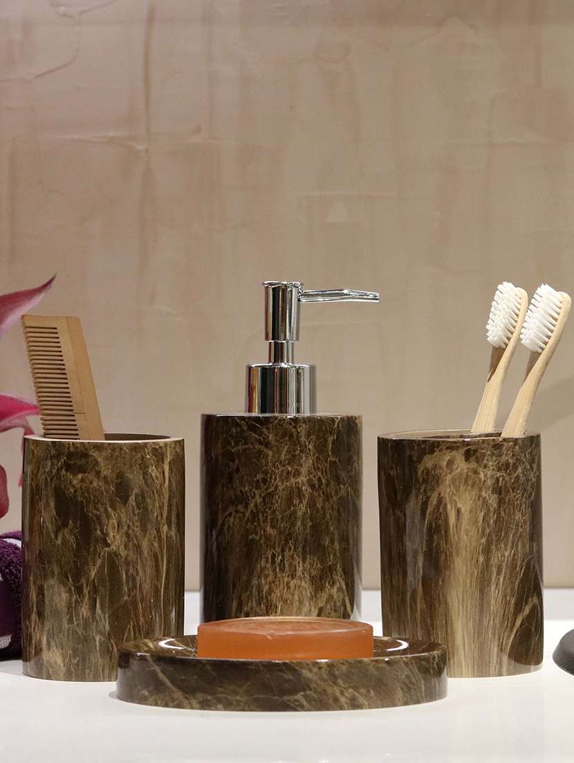 brown polyresin bath set collection of liquid soap dispenser, toothbrush holder, tumbler and soap dish