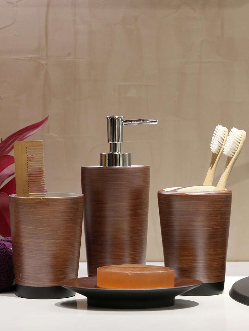 brown polyresin bath set collection of liquid soap dispenser, toothbrush holder, tumbler and soap dish