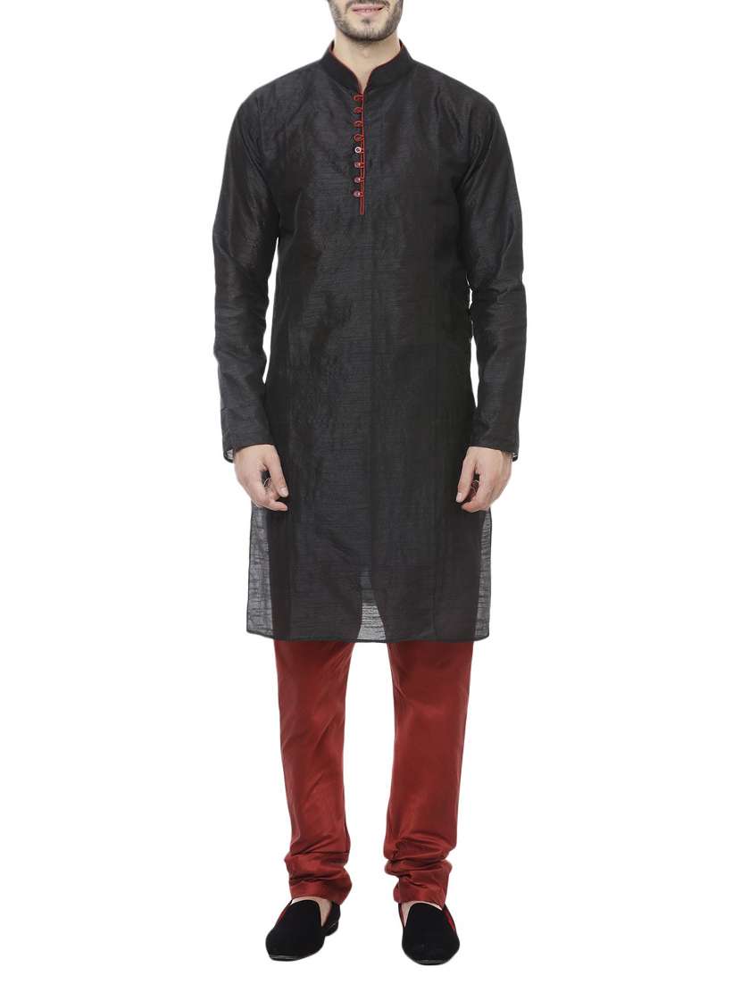Black Silk Blend Kurta Pyjama Ethnic Wear Set
