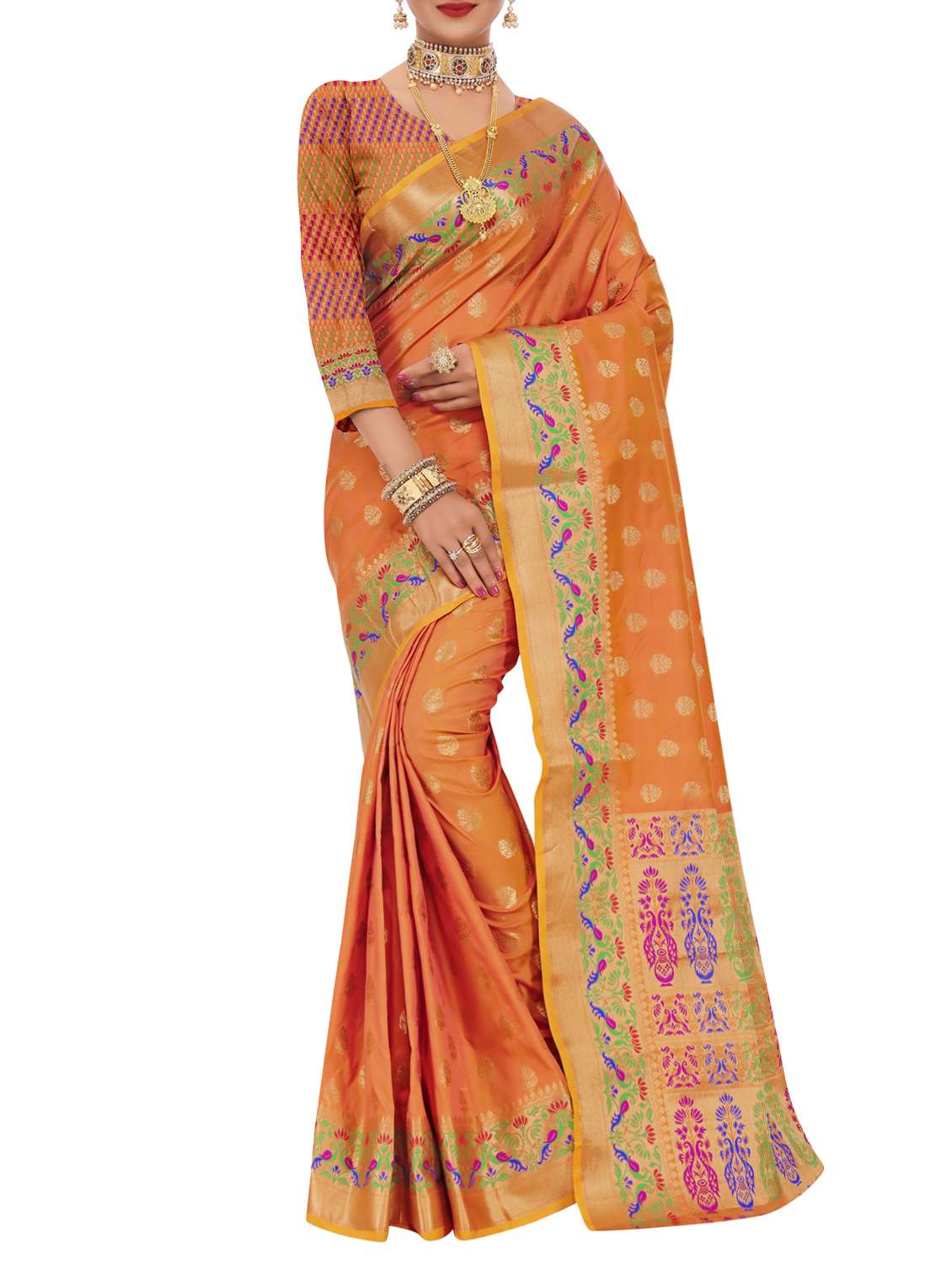 orange silk banarasi saree with blouse