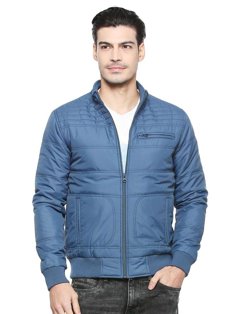 blue solid quilted jacket