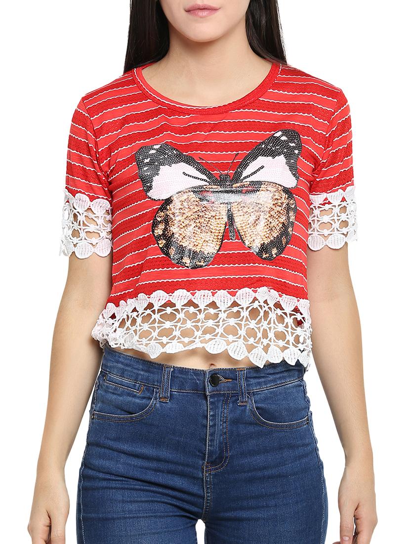 crochet detail graphic print top - 15336014 -  Zoom Image - 0