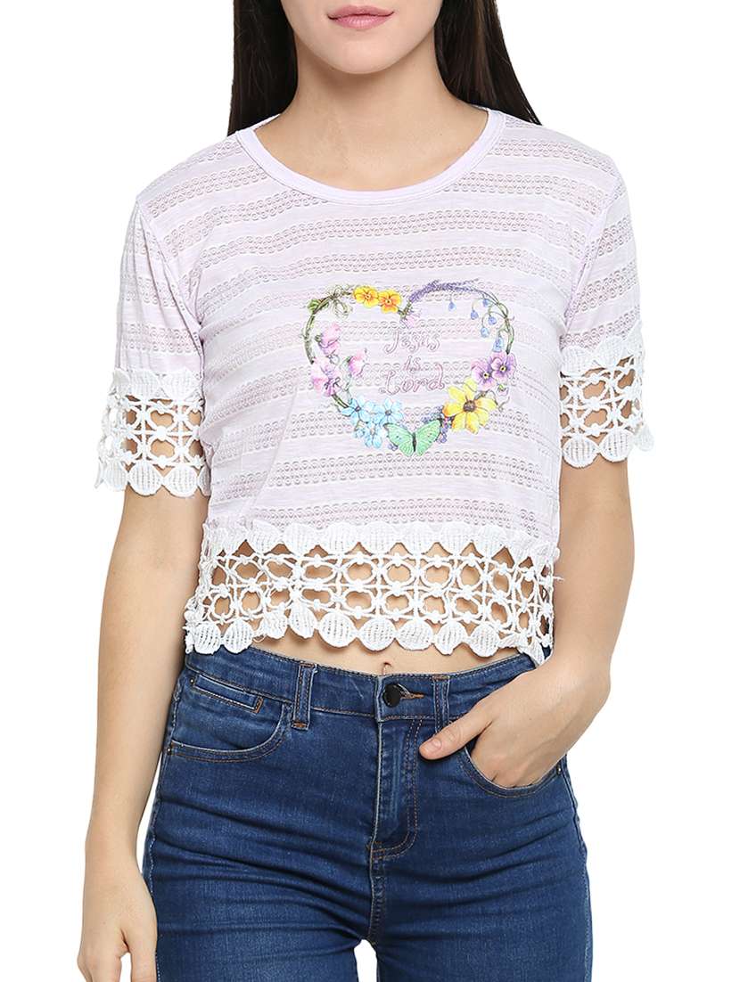 crochet detail graphic print top