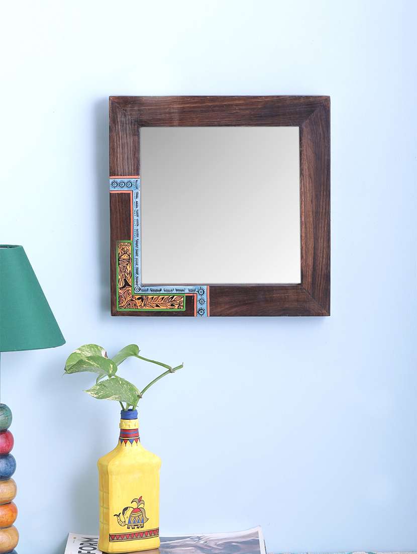 teak wood square warli mirror