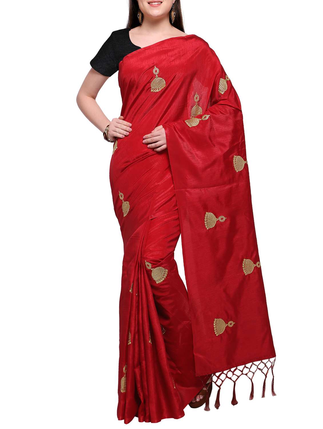 zari embroidered red saree with tassels with blouse