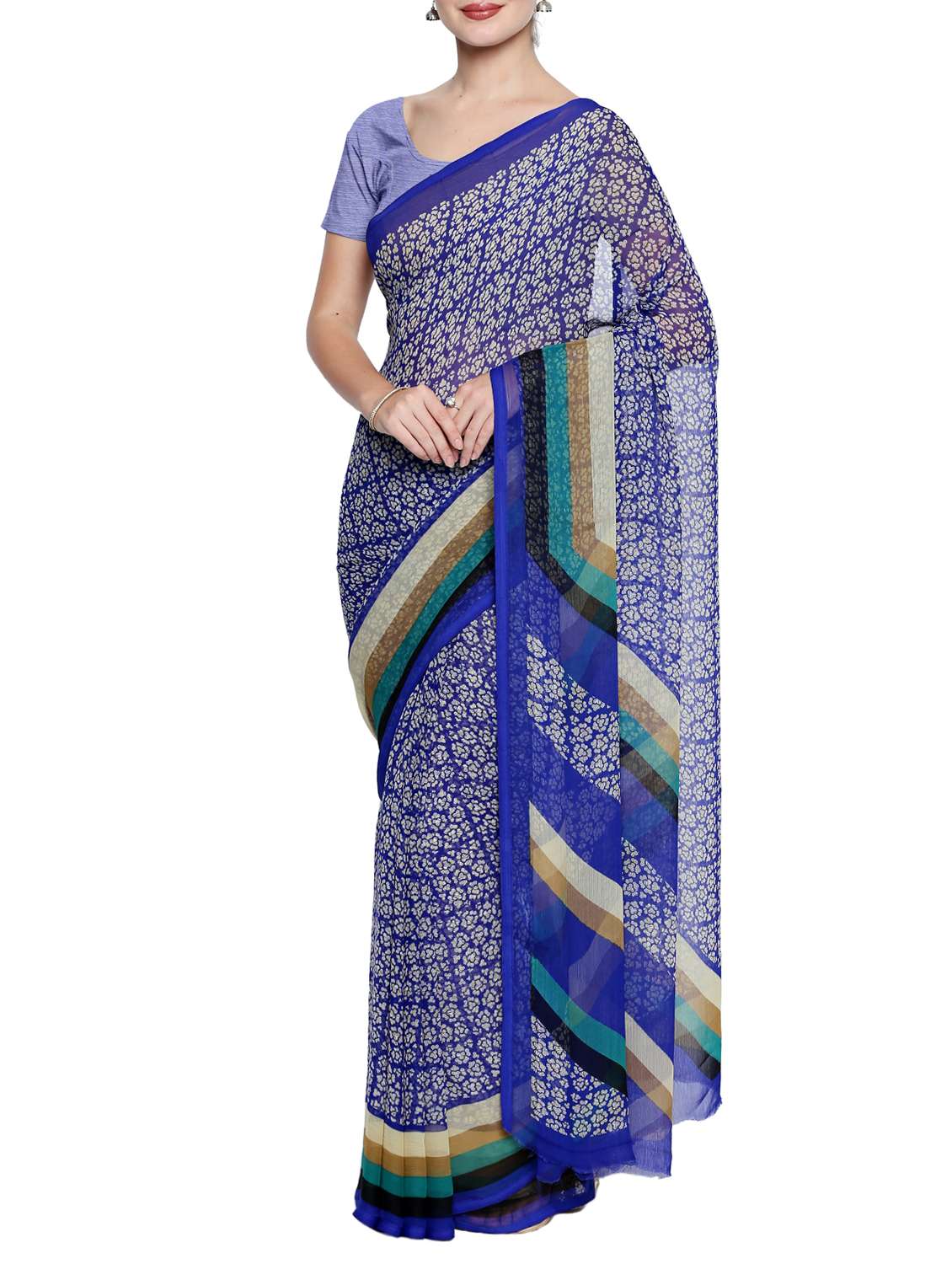 contrast bordered printed saree with blouse