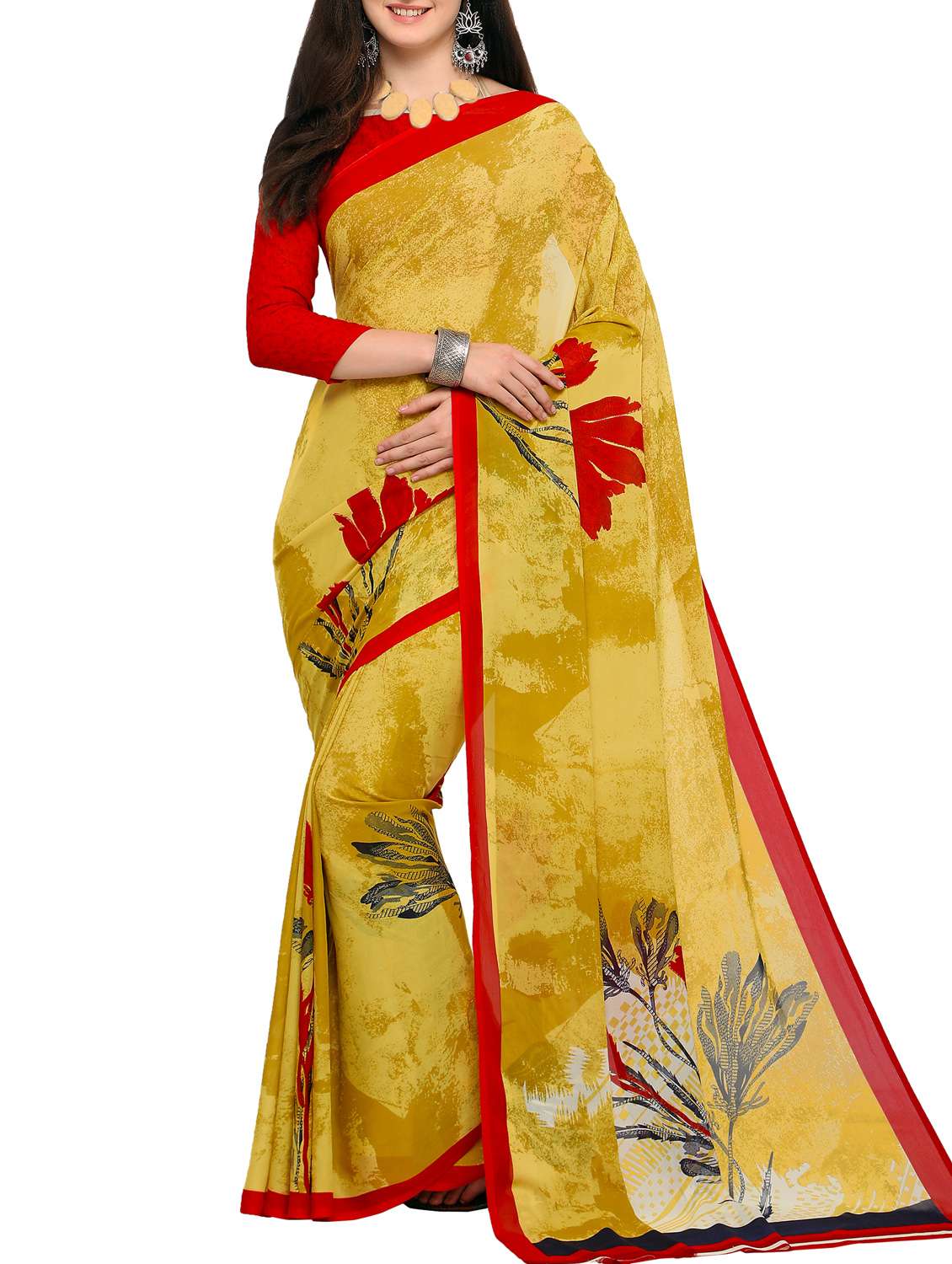 contrast bordered printed saree with blouse
