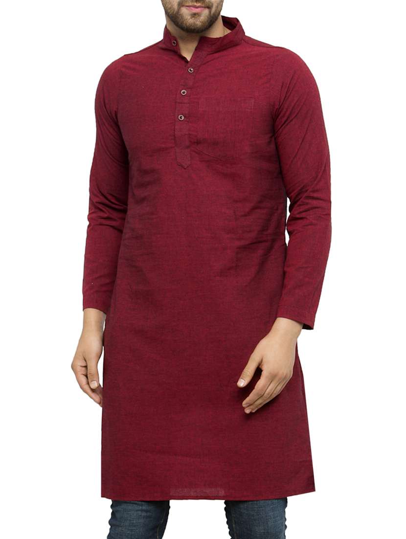 men maroon solid cotton long kurta