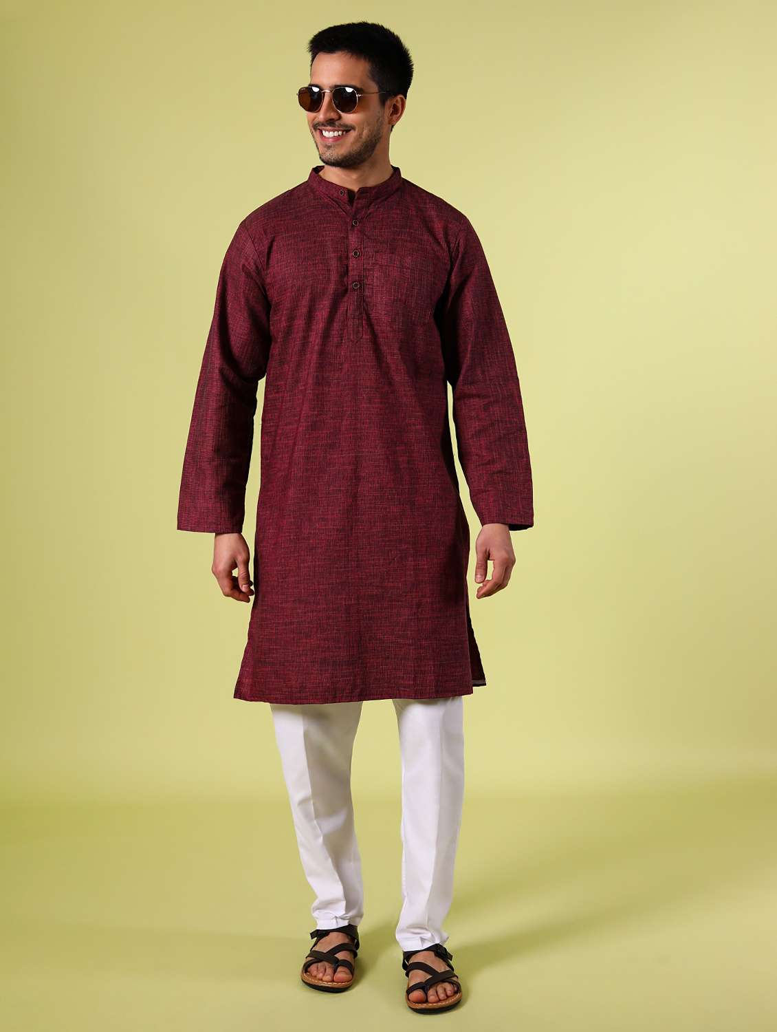 purple solid mandarin neck long kurta
