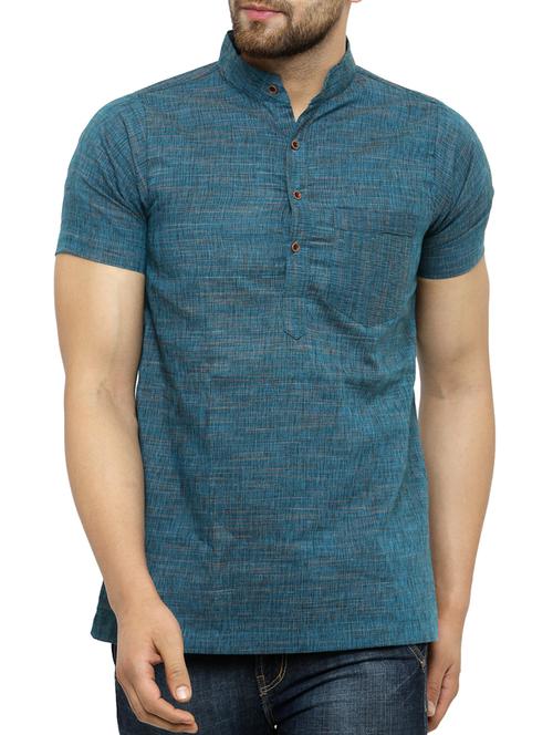 men teal cotton short sleeve short kurta - 15355408 -  Standard Image - 0
