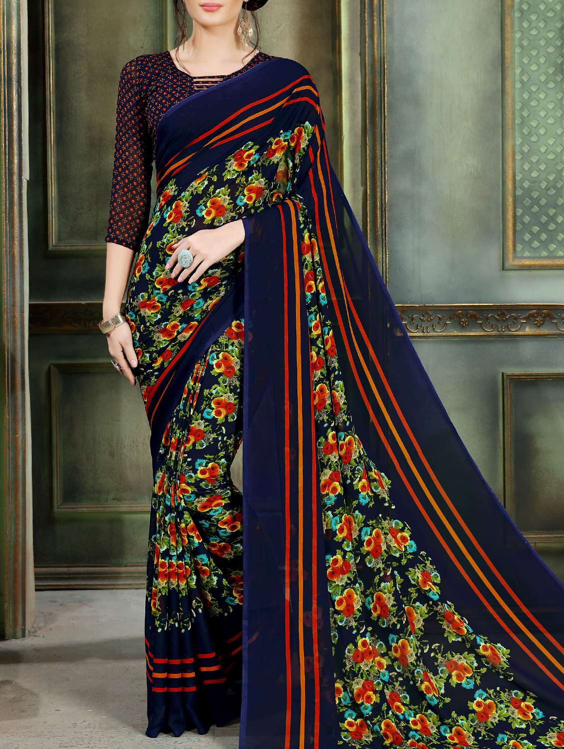 floral striped border saree with blouse