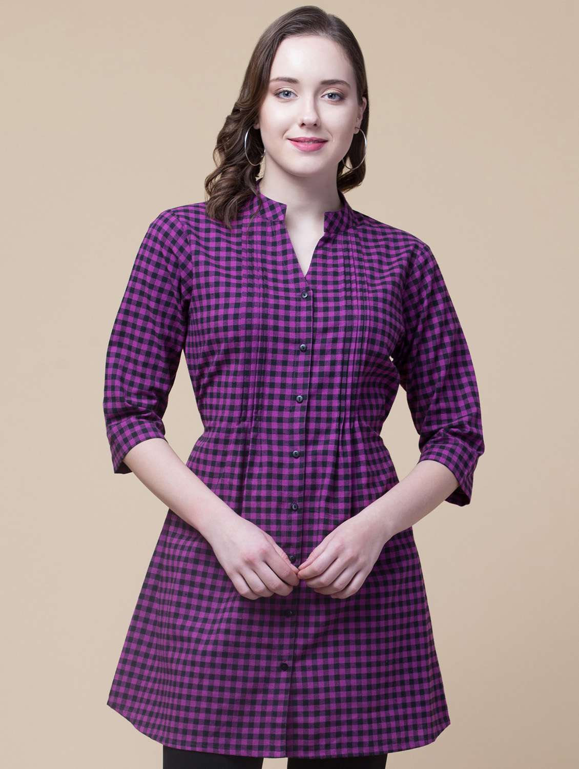 pin tucks detail checkered tunic