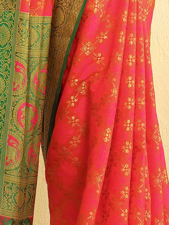 contrast border zari patola saree with blouse - 15378315 -  Standard Image - 2