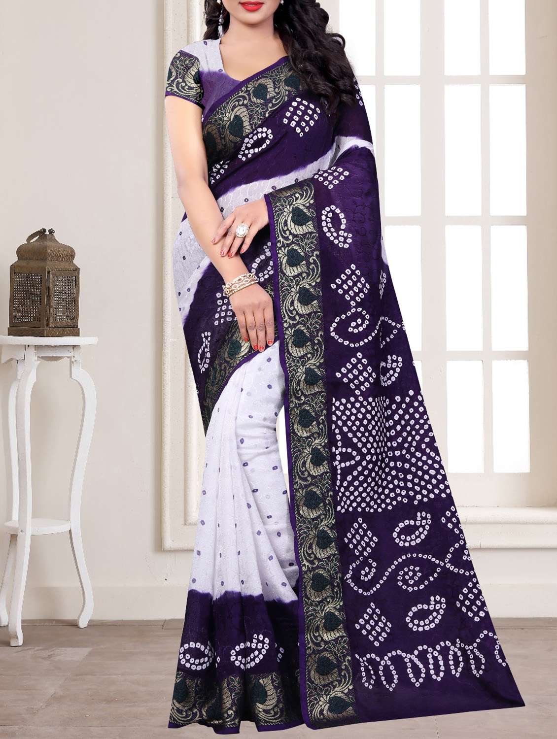 contrast border bandhani saree with blouse