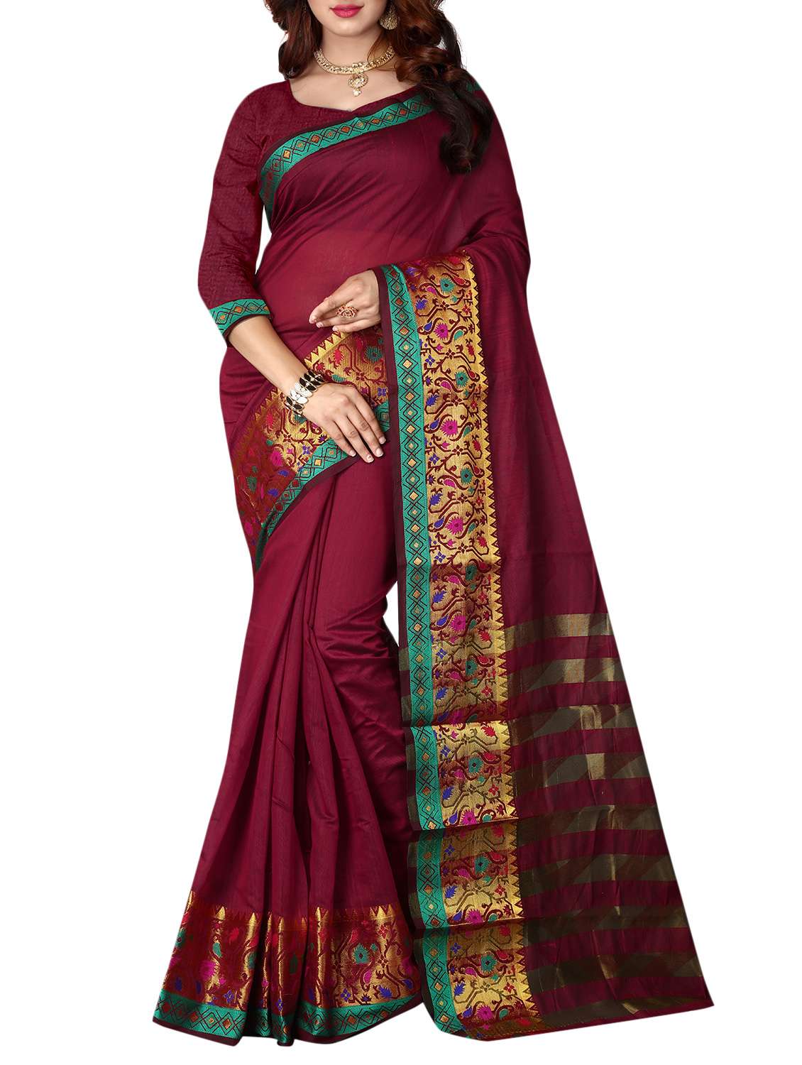 gold striped pallu woven saree with blouse