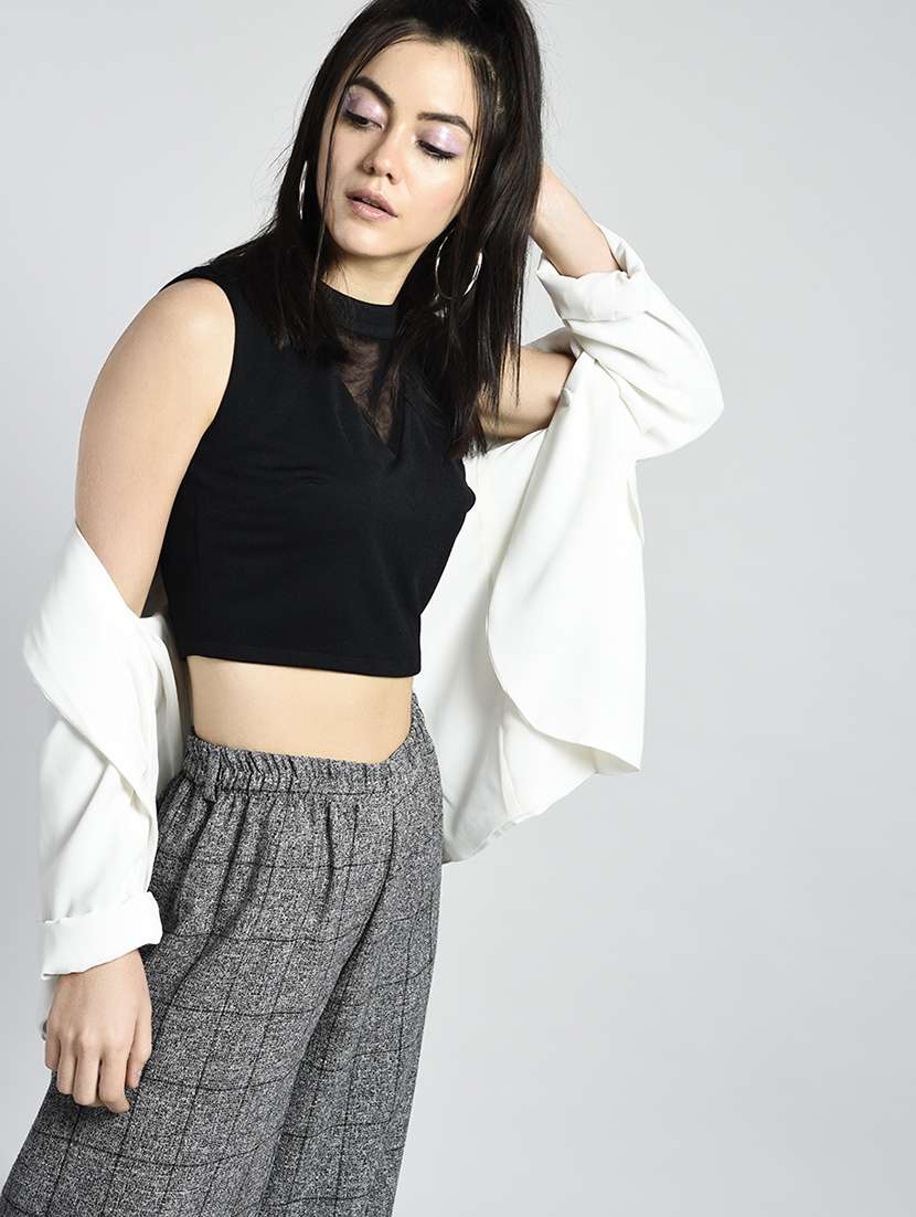 mesh panel mock neck crop top
