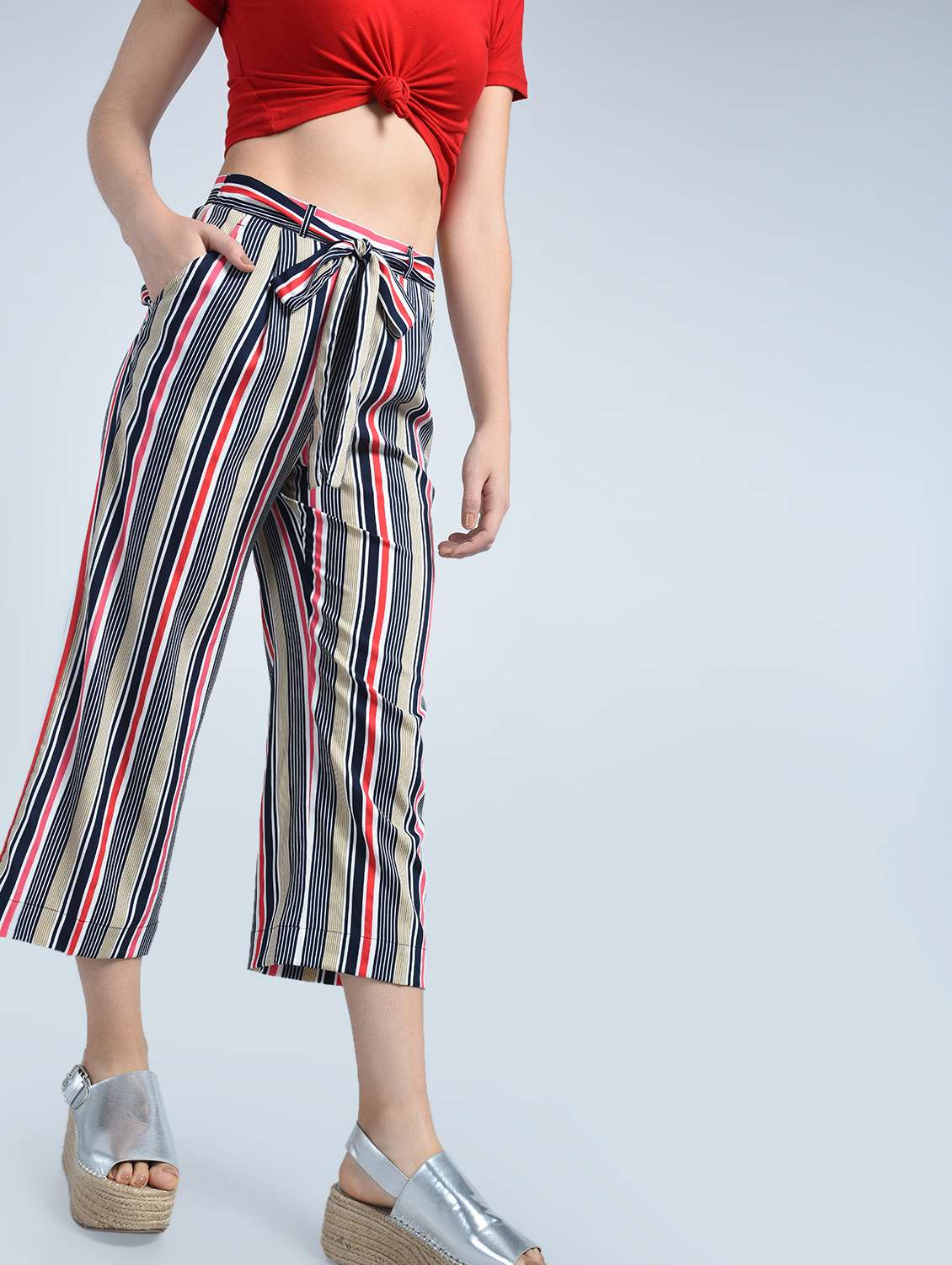 self tie belted striped cropped trouser
