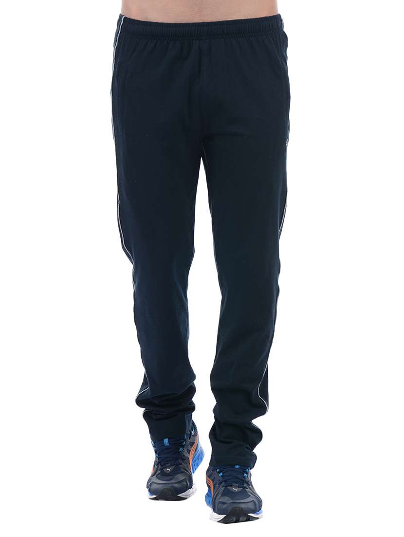 navy blue side striped full length track pant with pockets