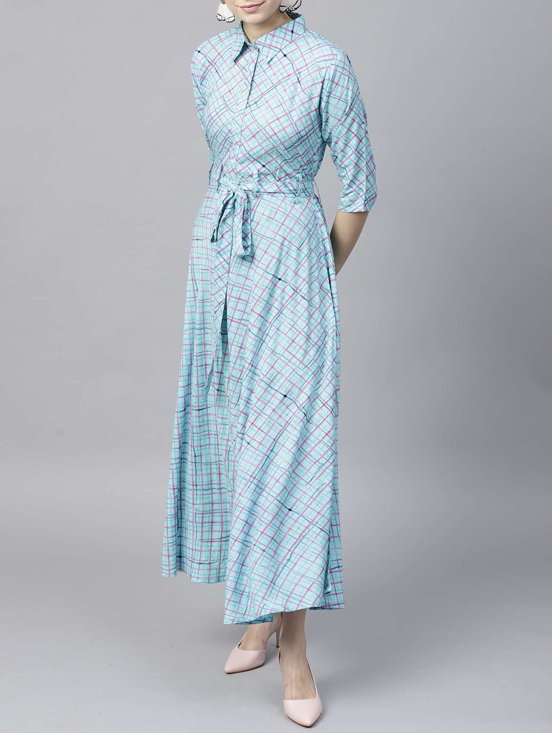 checkered belted maxi dress