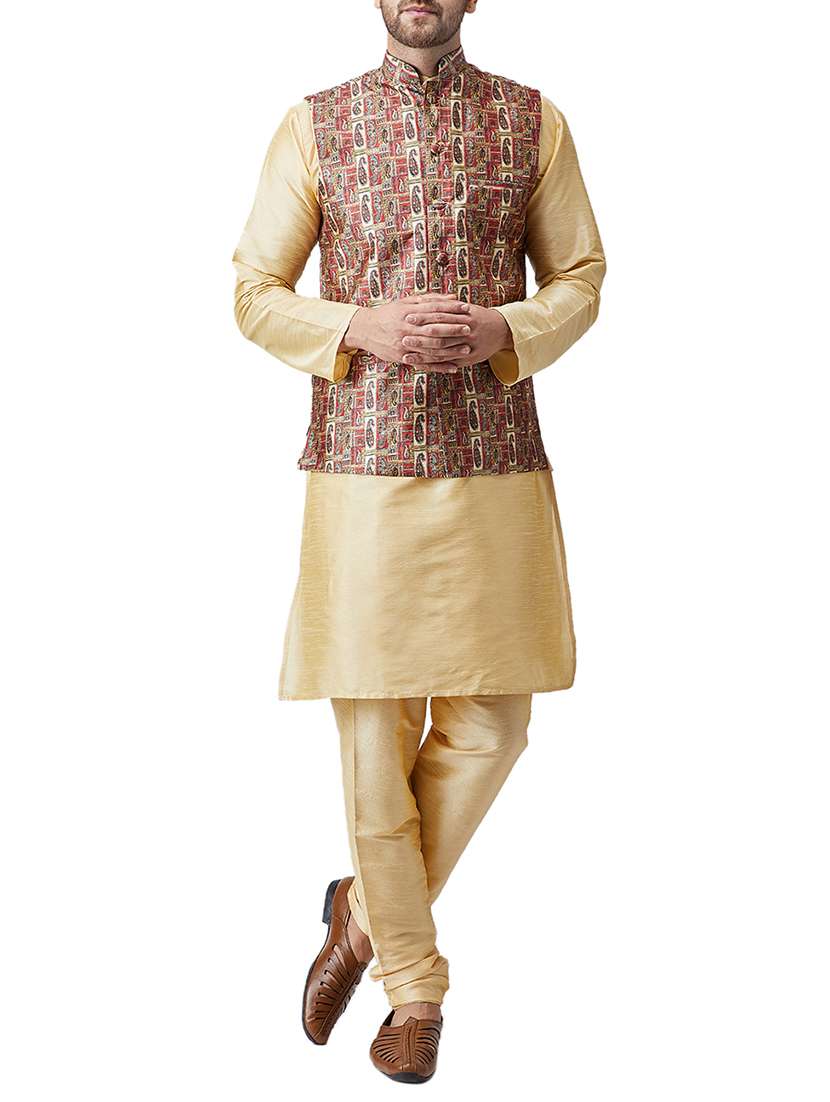 gold silk blend kurta pyjama set with nehru jacket