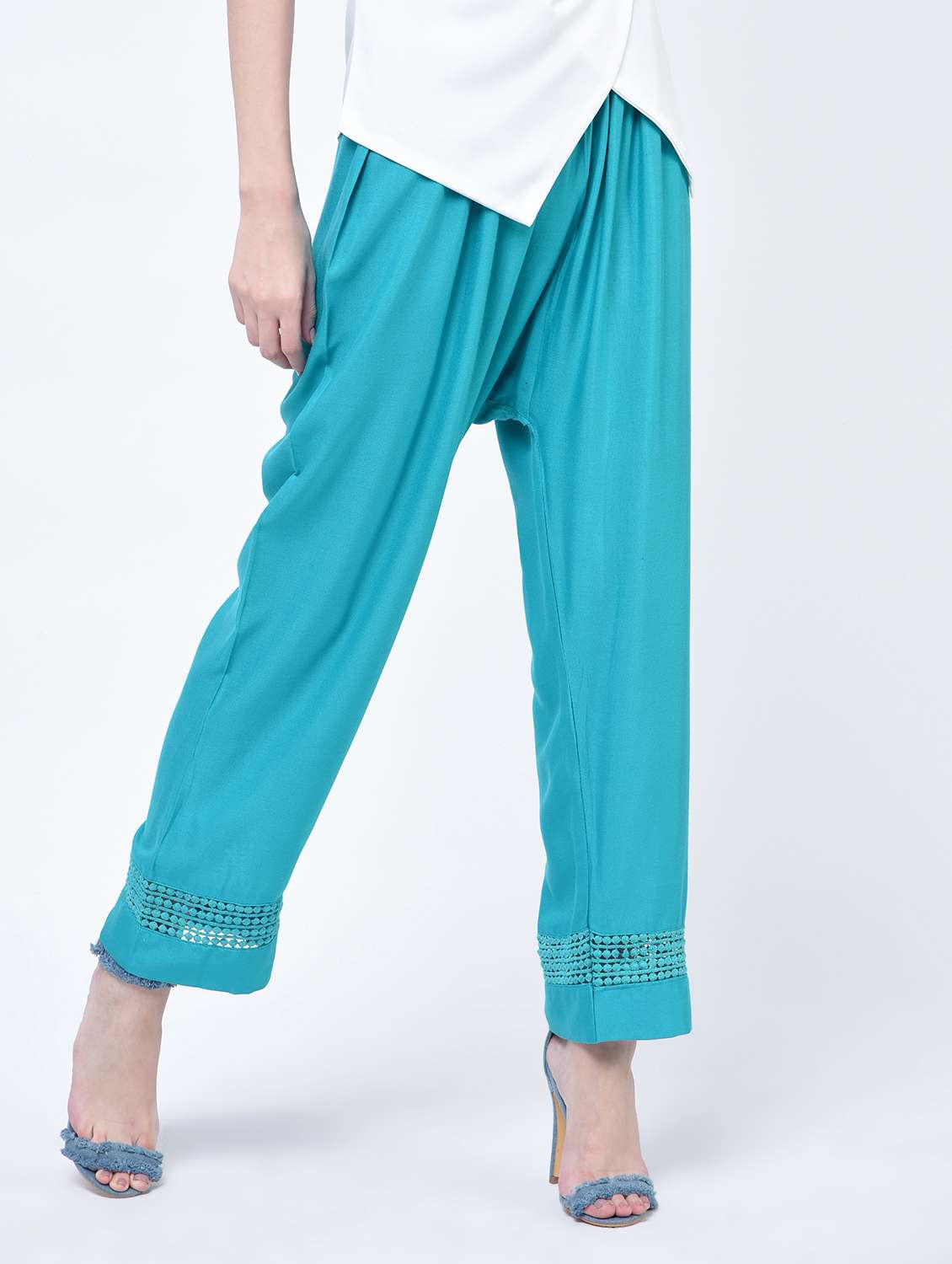 lace trim detail gathered waist trouser