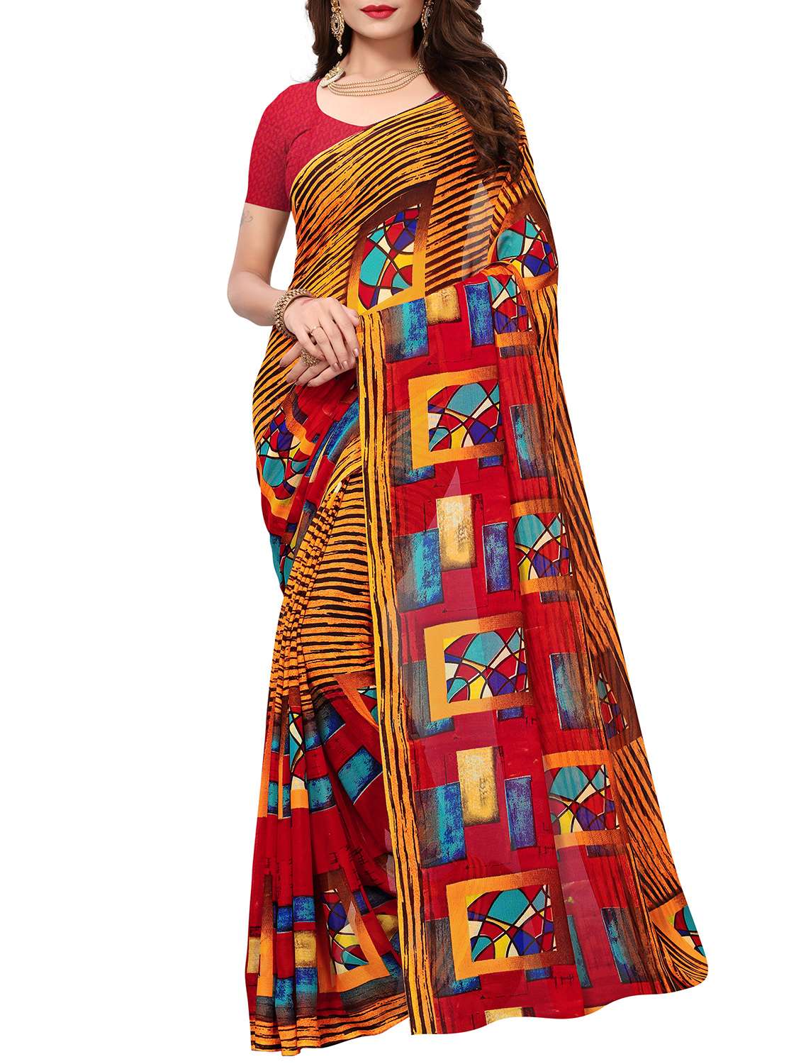 contrast bordered printed saree with blouse