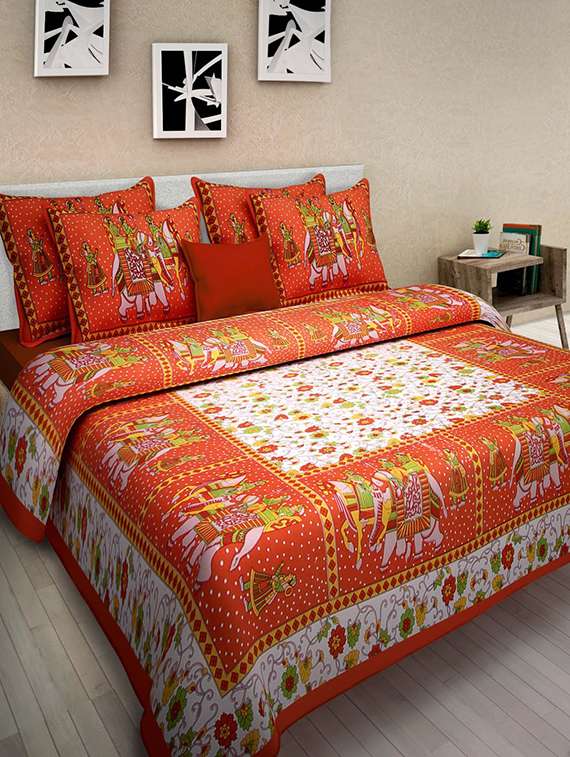 ethnic print cotton double bedsheet with 2 pillow covers