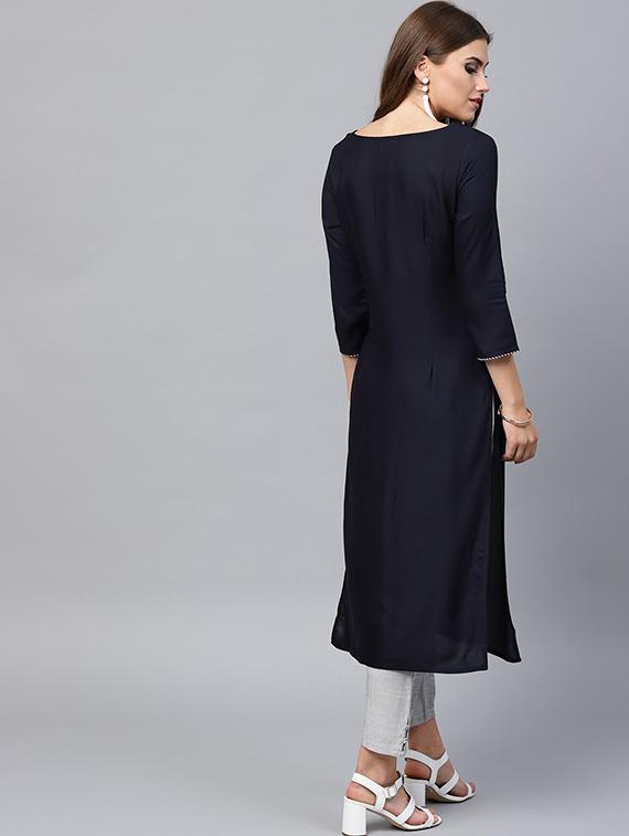 twilight blue straight kurta with tassels - 15440518 - Standard Image - 2