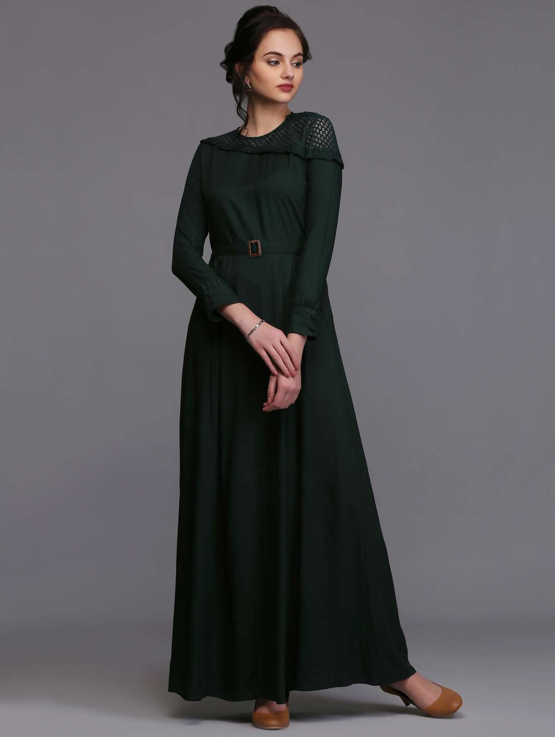 lace panel frill trim maxi dress