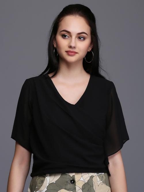 women's black regulal fit v neck top - 15445244 - Standard Image - 0