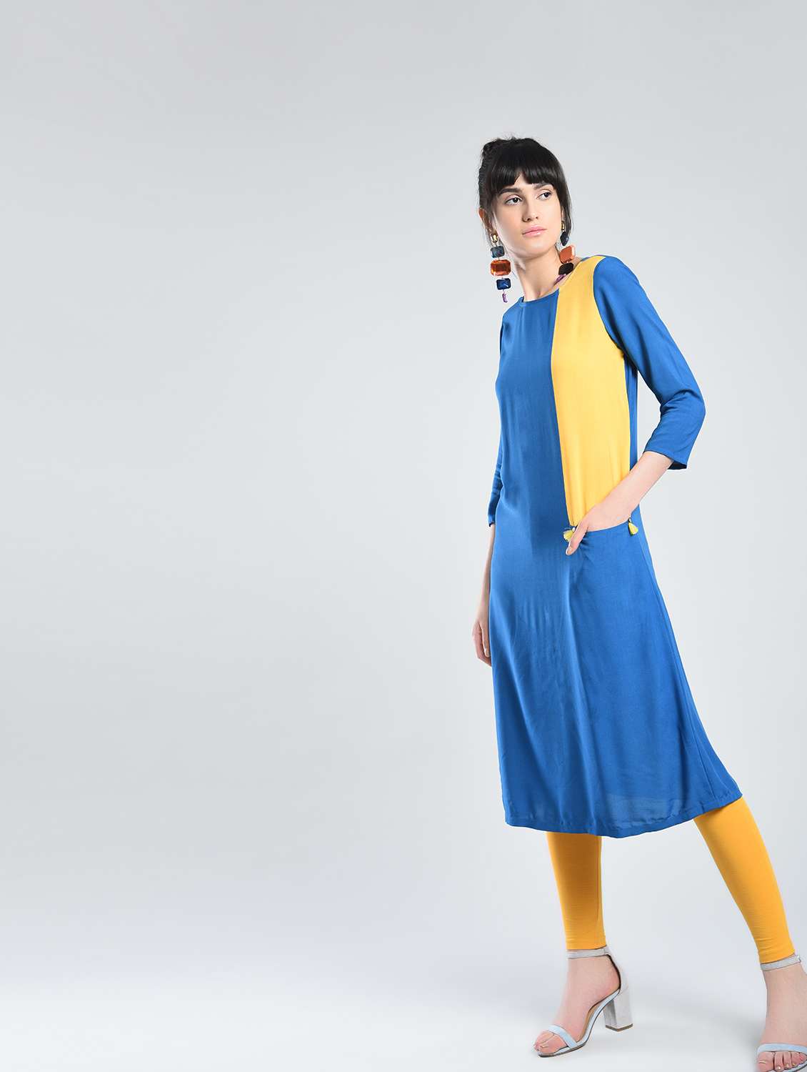 a-line color block kurta with pockets