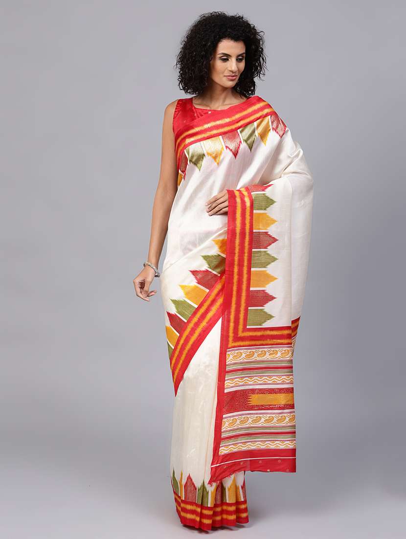 contrast temple border foil printed saree with blouse