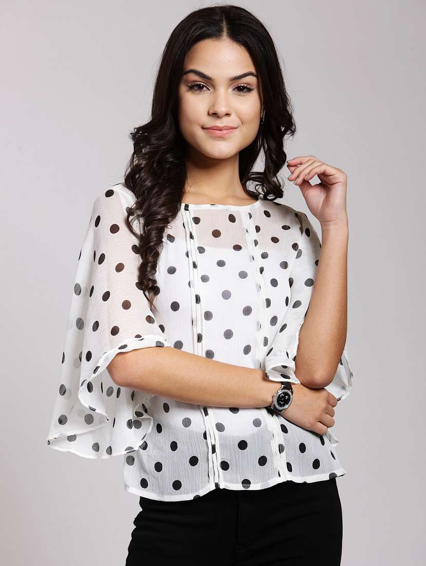 polka dot bell sleeved pin tucked top