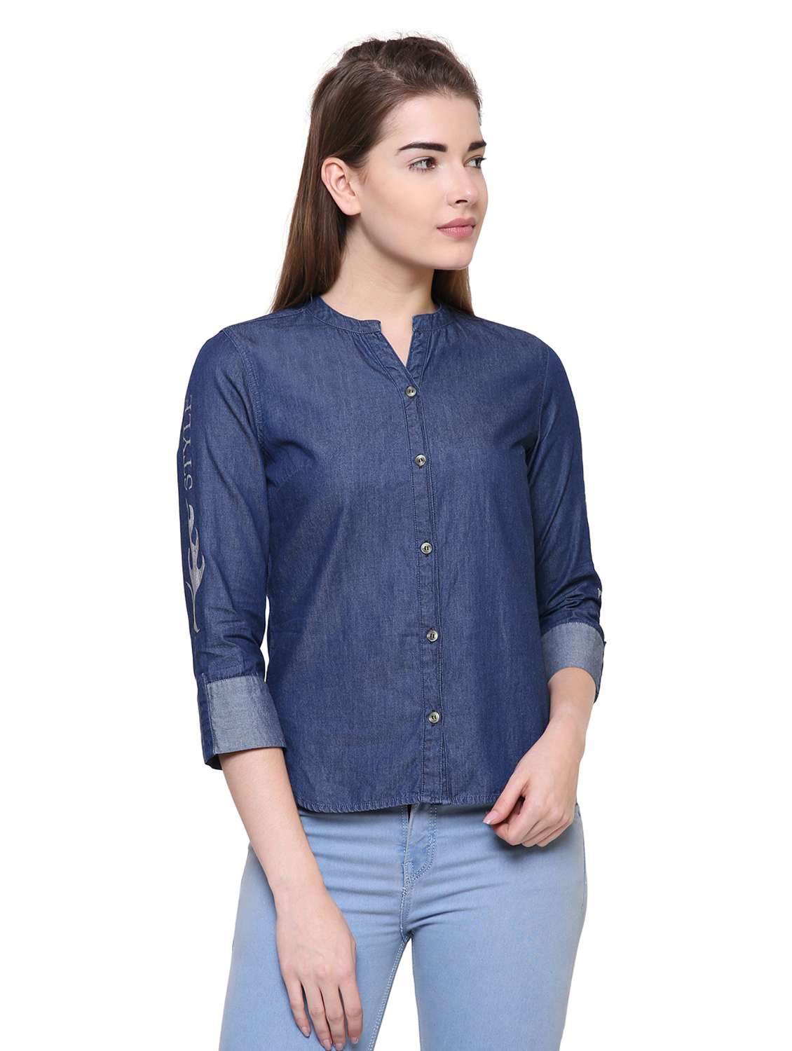 graphic print mandarin collar denim top