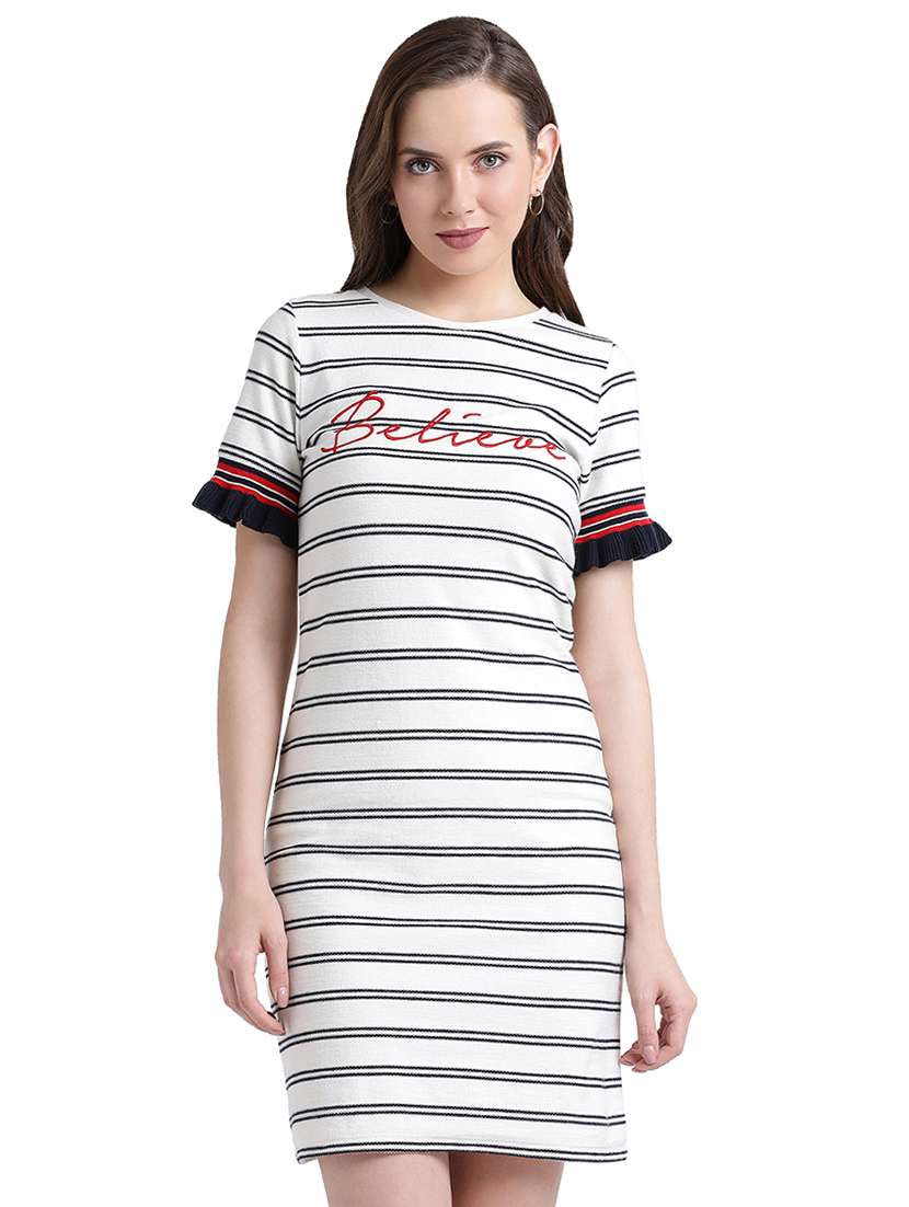 striped frill detail sleeve sheath dress