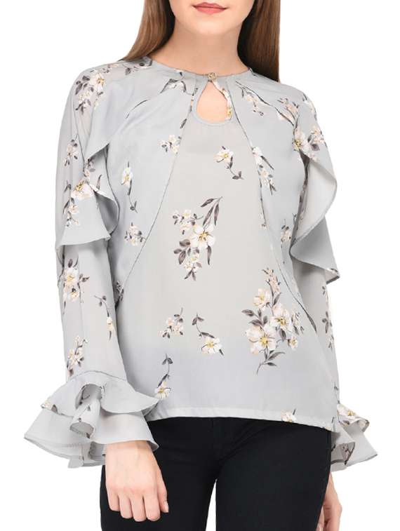 women's ruffle key hole neck top